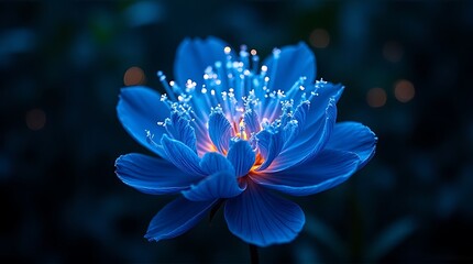 Enchanting Glowing Blue Fantasy Flower on Dark Background, Luminous Petals and Ethereal Bokeh