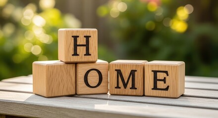Wooden blocks spelling home on a wood surface in bright garden light