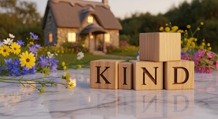 Wooden blocks spelling KIND in a quaint country garden scene