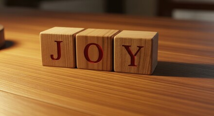 Wooden blocks spelling out the word Joy concept for well being