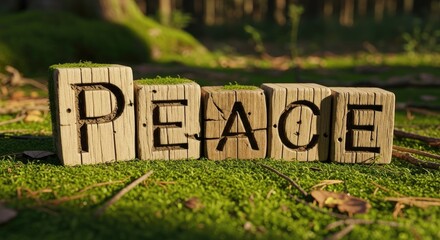 Wooden blocks spelling peace in natural environment with green moss background