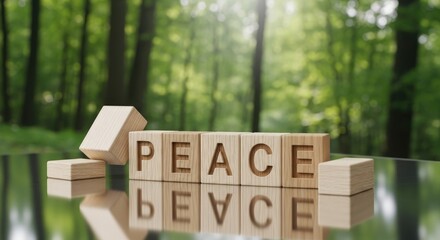 Wooden Blocks Spelling Peace in Tranquil Forest Environment Conceptually Represents Harmony