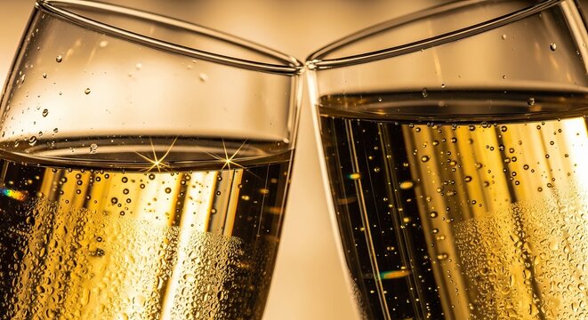 Close up of two champagne glasses toasting for a celebration.