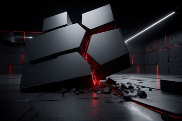 Cracked block illuminated by red in dark, futuristic setting