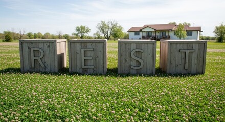 Wooden blocks spelling rest in a clover field on a sunny day