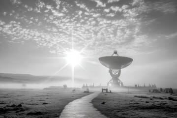 Ethereal Morning Landscape with Satellite Dish Under Misty Sky and Rising Sun, Black and White Photography Capturing Serene Atmosphere and Technology Interplay