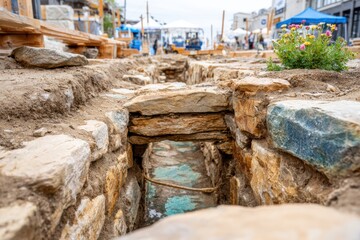 Excavation Site Featuring Stone Walls and Green Copper Detailing in an Archaeological Dig Area with Construction Materials and Outdoor Setup