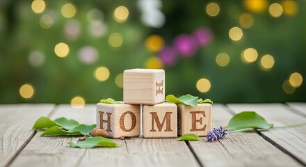 Wooden blocks spelling the word home with bokeh background outdoors