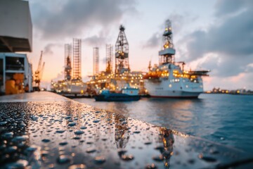 Evening View of Offshore Oil Rigs with Glowing Lights and Water Reflections at Dusk, Perfect for Energy and Industrial Themes in Stock Photography