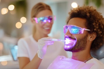 Exciting dental treatment with modern technology showcases smiling patient receiving innovative dental care from professional dentist in vibrant clinic environment.