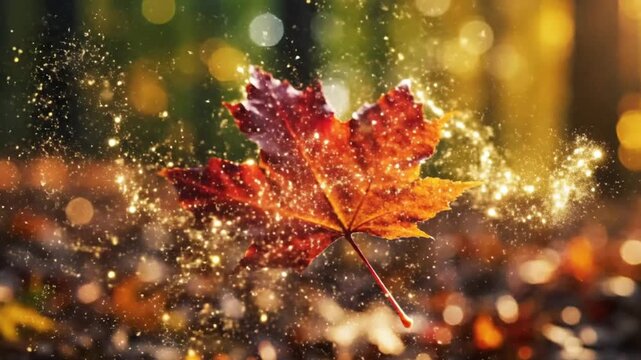 Vibrant red maple leaf exploding with sparkling particles in an autumnal forest