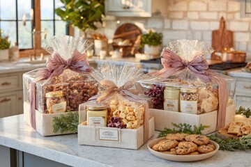 Festive Gift Baskets Filled with Treats, Cookies, Nuts, and Sweets in a Cozy Kitchen Setting with Warm Lighting and Holiday Decor