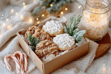 Festive Holiday Cookie Box with Traditional Treats, Candy Canes, and Decorative Elements on a Soft, Textured Background Featuring Warm Lights and Natural Decor