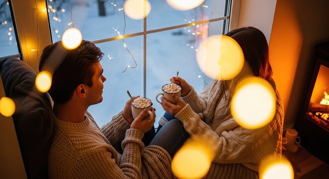 Cozy couple enjoying hot drinks by the window during winter.