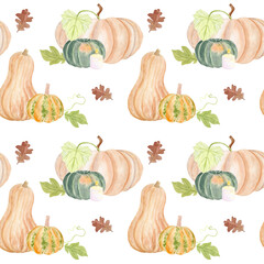 Pumpkins, butternut squash, green gourds, candles, oak leaves, vines. Seamless watercolor pattern isolated on white perfect for Thanksgiving, seasonal packaging, fabric, wrapping paper, rustic kitchen