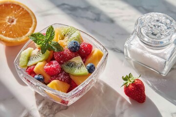 Fresh and Colorful Fruit Salad with Mint and Sugar on a Marble Surface, Featuring Juicy Strawberries, Raspberries, Blueberries, Kiwi, and Sweet Melon in a Crystal Bowl