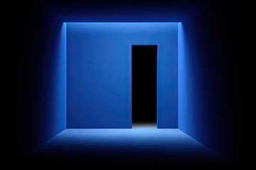 Eerie blue rectangular doorway receding into inky blackness
