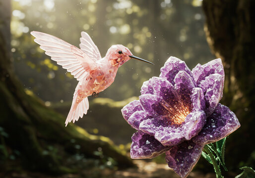 A pink crystal hummingbird hovers near a large purple crystal flower in a sunlit, blurred forest setting, creating a magical and ethereal scene.