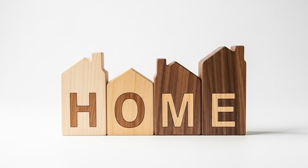 Wooden house shaped blocks spelling home in various wood tones