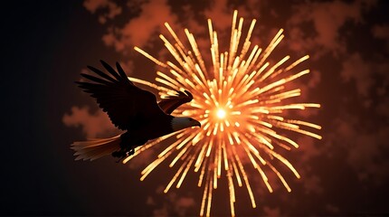 Majestic Bald Eagle in Flight Against Dazzling Patriotic Fireworks Display – Symbol of American Freedom  Independence