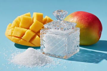 Fresh and Vibrant Mango Pieces with Sugar Crystals in a Decorative Glass Container on a Bright Blue Background, Perfect for Culinary and Food Photography