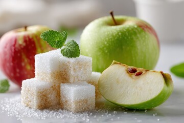 Fresh apples with sugar cubes and mint leaves arranged on a marble surface, showcasing the contrast between sweet fruit and raw sugar, ideal for healthy lifestyle themes.