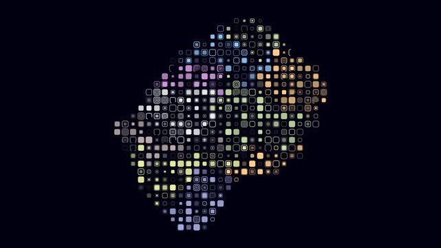 Lesotho animated country shape. Pulsating colored dots on the map of the country. Large size rounded square blocks. Digital style Lesotho map on dark background. Creative animation video.