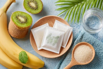 Fresh Fruits and Natural Ingredients Set on Blue Background with Bananas, Kiwi, Sugar, and Herbal Extracts in Cozy Arrangement for Healthy Lifestyle Concepts