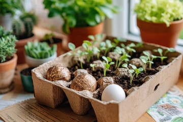 Fresh Green Seedlings and Organic Mushrooms in a Natural Setting with Potted Plants and an Egg in a Recycled Carton, Perfect for Home Gardening Inspiration