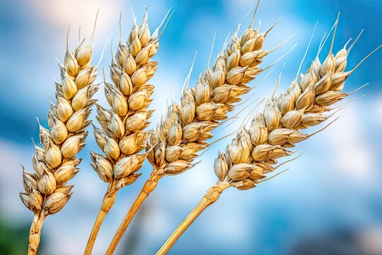 Golden wheat stalks against bright, cloudy sky
