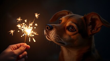 Cute Dog Watching Sparkler Glow with Wonder on Dark Background, Festive Celebration Pet Moment