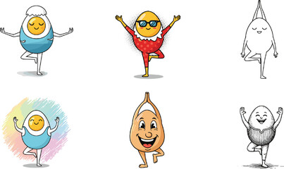 Egg and Onion Mascot Doing Yoga Pose Icon Set