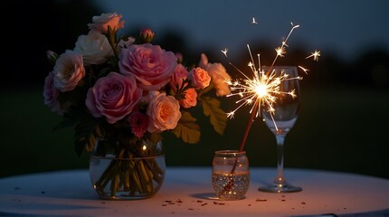 Sparkler, Pink Roses  Elegant Table Setting Romantic Evening Celebration for Anniversary or Wedding