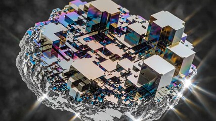 A beautiful macro shot of a rotating iridescent bismuth crystal with a complex geometric structure - Powered by Adobe