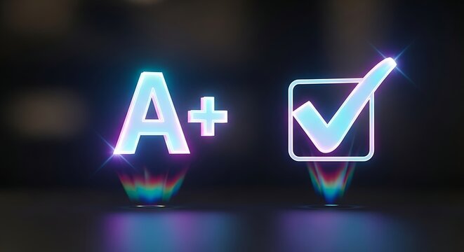 Glowing A+ grade and check mark symbols on a dark background. - Powered by Adobe