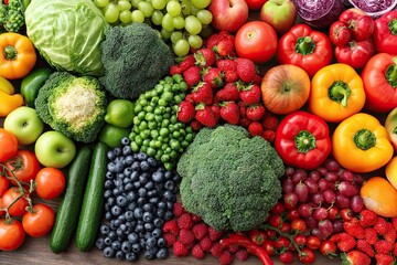 Colorful, fresh produce, showing vibrant assorted vegetables and fruits