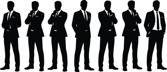 Businessmen silhouette set, corporate attire, professional poses, standing posture, arms crossed, hands in pockets, black and white, office icons, team concept