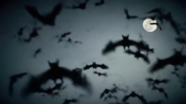 A large flock of bats flying in the night sky under a full moon.