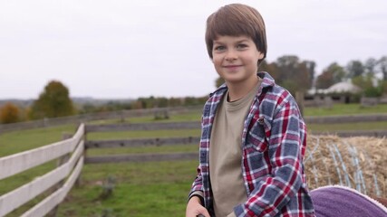 Equine assisted therapy. Little boy riding pony outdoors. Lovely domesticated pet