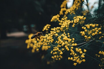 Bee approaching a cluster of small yellow flowers, soft focus