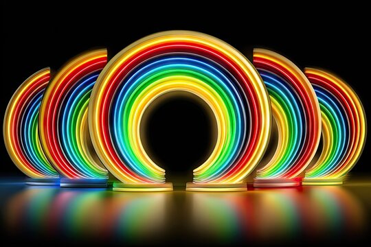 Semicircular rainbows stand on reflective floor, dark background