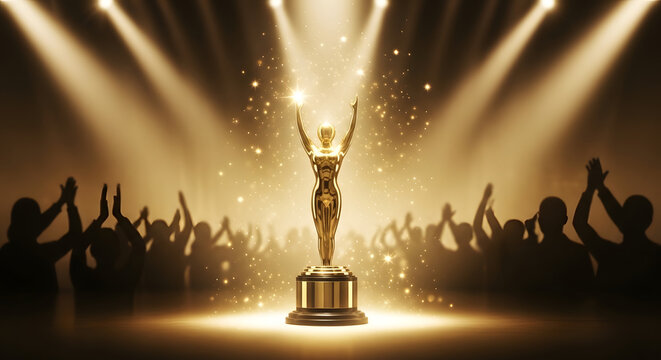Stunning golden trophy with raised arms celebrates victory in front of cheering crowd under bright spotlights for awards ceremony or event, symbolizing success and achievement