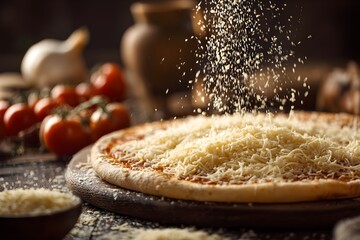 Grated cheese sprinkled on pizza