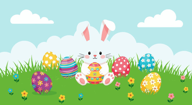 Vector illustration of cute bunny with colorful decorated eggs on grass field. Concept of Easter celebration.