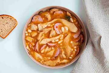 A classic Brazilian dish known as dobradinha, prepared with beef tripe, white beans, and tropical spices, served with traditional farofa made with toasted cassava flour.