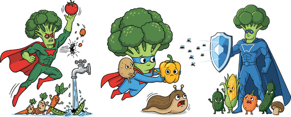 Superhero Broccoli Mascot Protecting Vegetables from Pests Icon Set