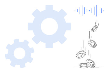 Gears representing automation, stacked coins conveying financial growth, blue sound wave lines suggesting technology. Ideal for finance, technology, automation, efficiency, innovation, savings
