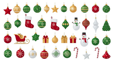 Festive collection of Christmas tree ornaments. Vector set of traditional holiday decorations like hanging baubles, stars, and snowmen