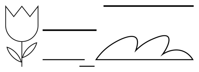 Tulip flower with thin stem and leaves, curved cloud formation, and horizontal line accents. Ideal for nature, growth, minimalism, tranquility, abstract art landscaping eco-friendly themes. Simple