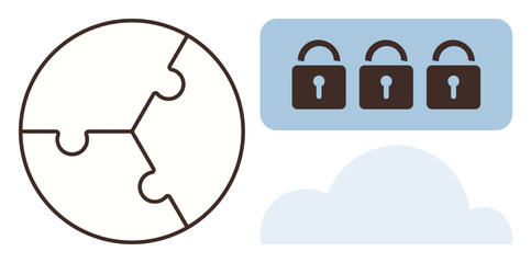 Globe formed by puzzle pieces, cloud illustration, and multiple padlocks symbolizing data security. Ideal for themes of cybersecurity, global connection, privacy, cloud computing, collaboration